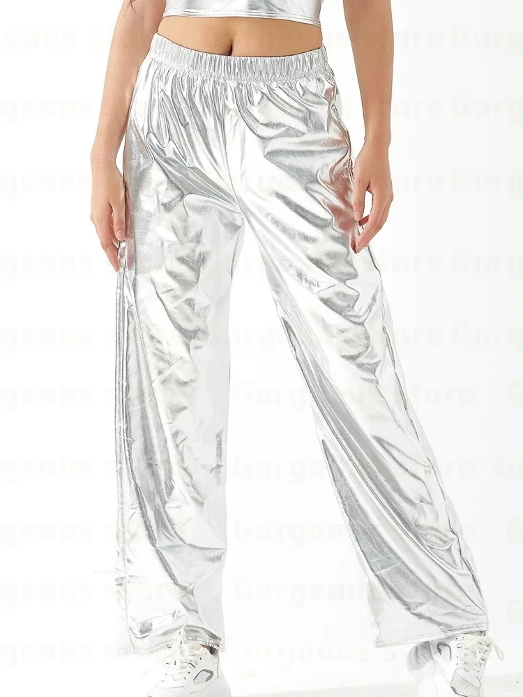 Adult Shiny Straight Leg Pants Casual High Waist Metallic Pants Super Long Holographic Pants Disco Bottoms