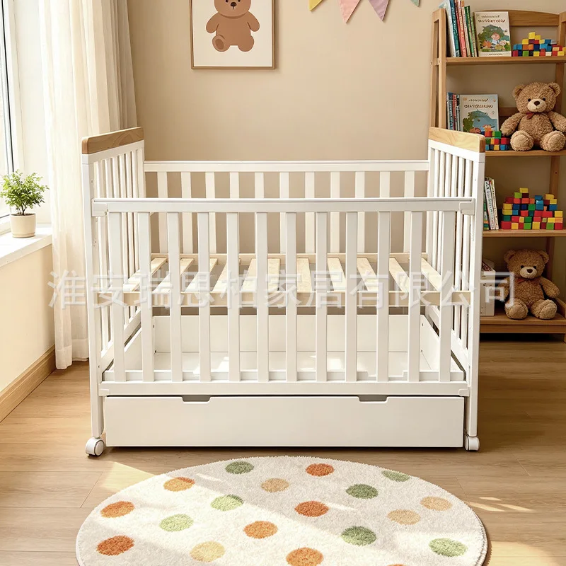 Solid Wood Baby Crib Lifting Multifunctional Movable Storage Newborn Splicing Bed Crib for Nursery
