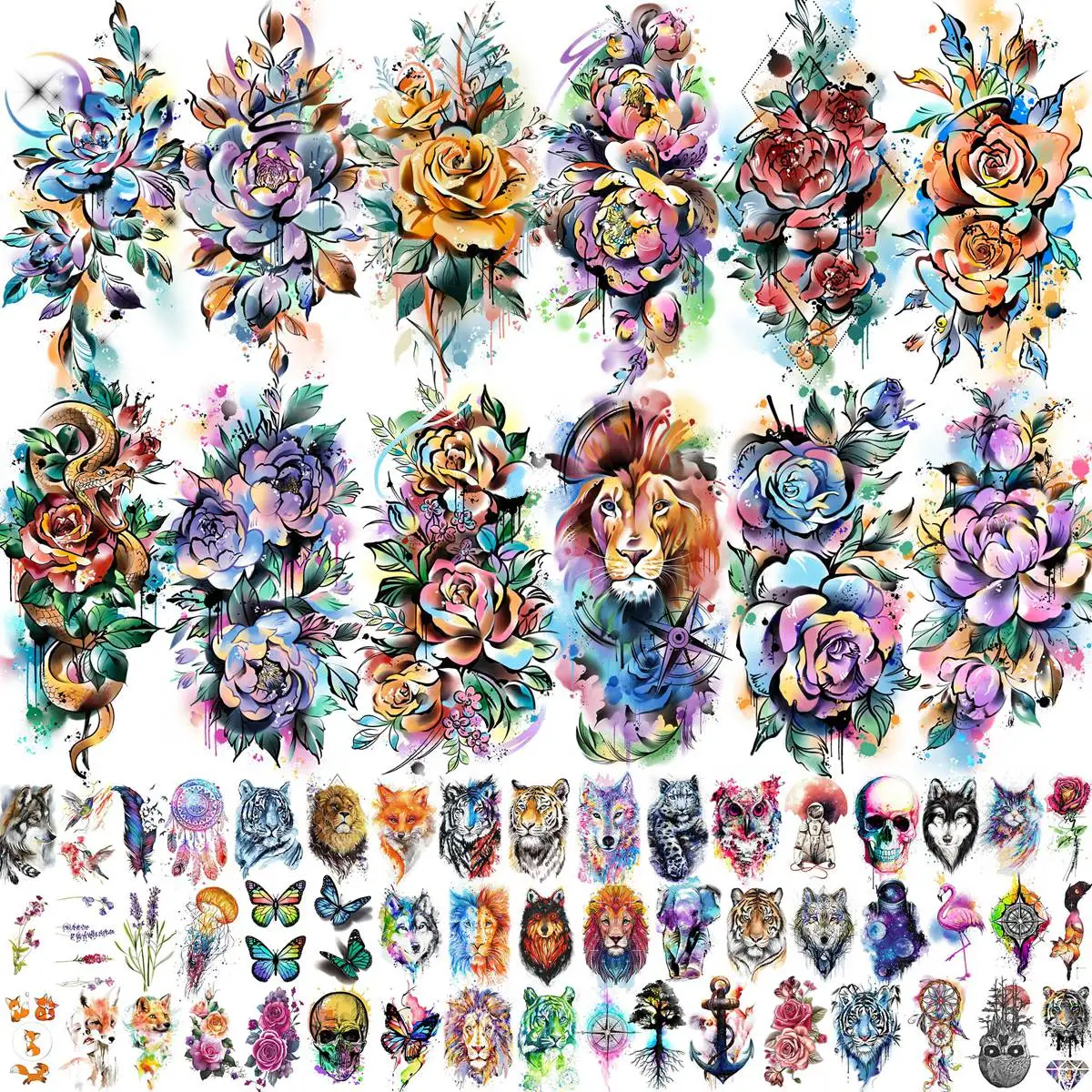 

63 Sheets Watercolor Flower Temporary Tattoos For Women Arm Fake Peony Rose Tattoo Stickers 3D Floral Lion Snake Tatoos Paste