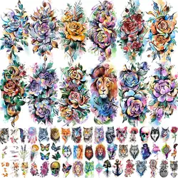 Tatuajes temporales de flores de acuarela para mujer, pegatinas de tatuaje de rosas de peonía falsas para brazo, 3D, flor Floral, León, serpiente, pasta de tatuajes, 63 hojas