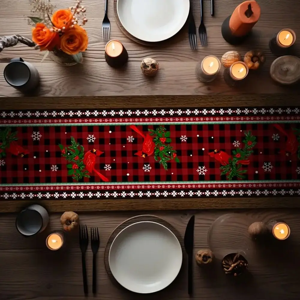 Poinsettia Flower Pattern Christmas Table Runner Long Length Linen Material Table Decor Cloth Rectangular Shape