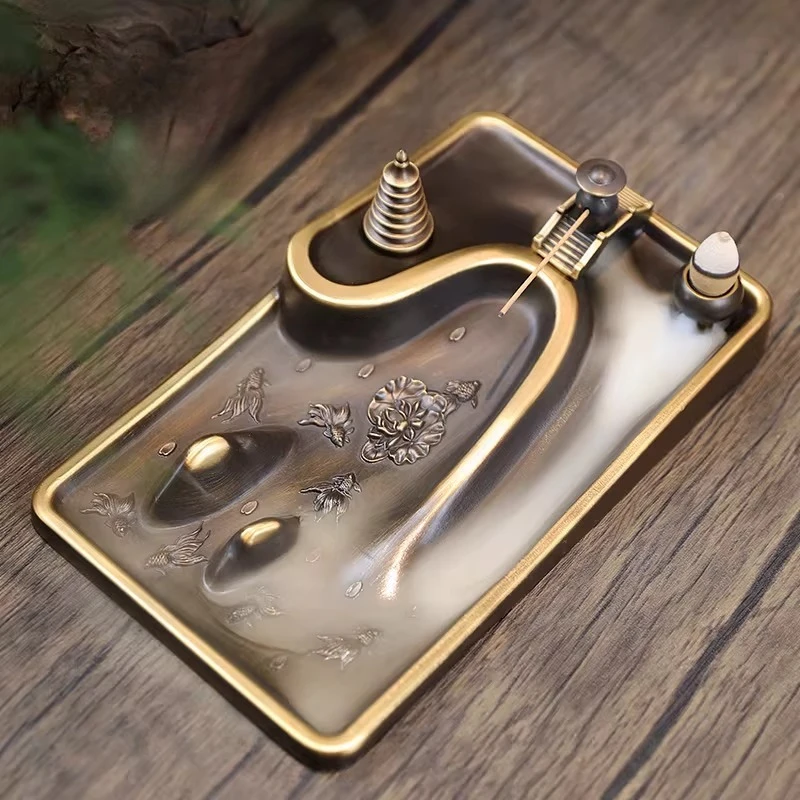 Chinese Style Brass Backflow Incense Burner Indoor Sandalwood Incense Holder Bridge Waterfall Censer Home Decor Craft Ornament