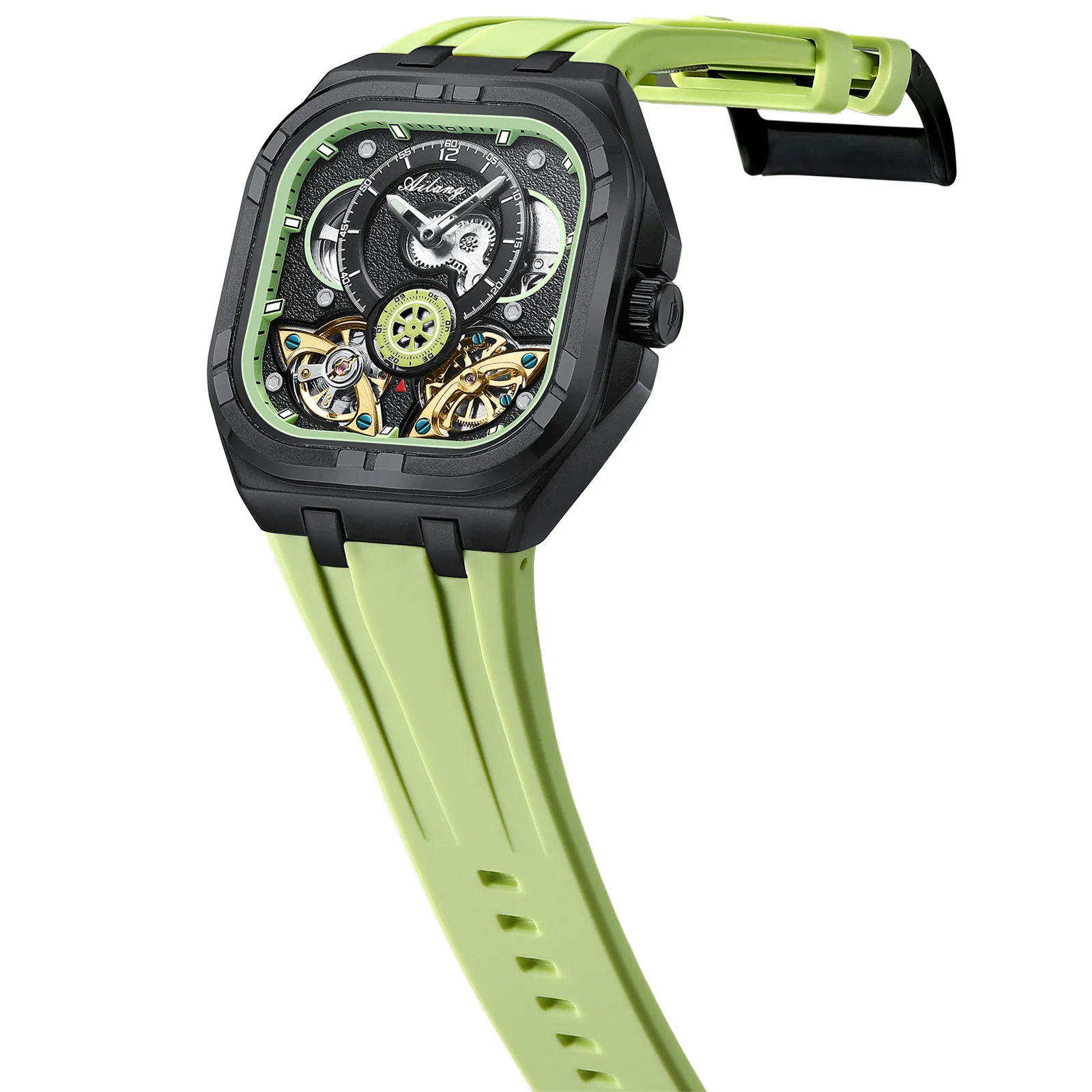 2026 ساعة توربيون أوتوماتيكية فاخرة بهيكل عظمي للرجال تصميم مربع مع قرص أزرق سماوي مضيئة ومقاومة للماء ساعة يد رياضية #5