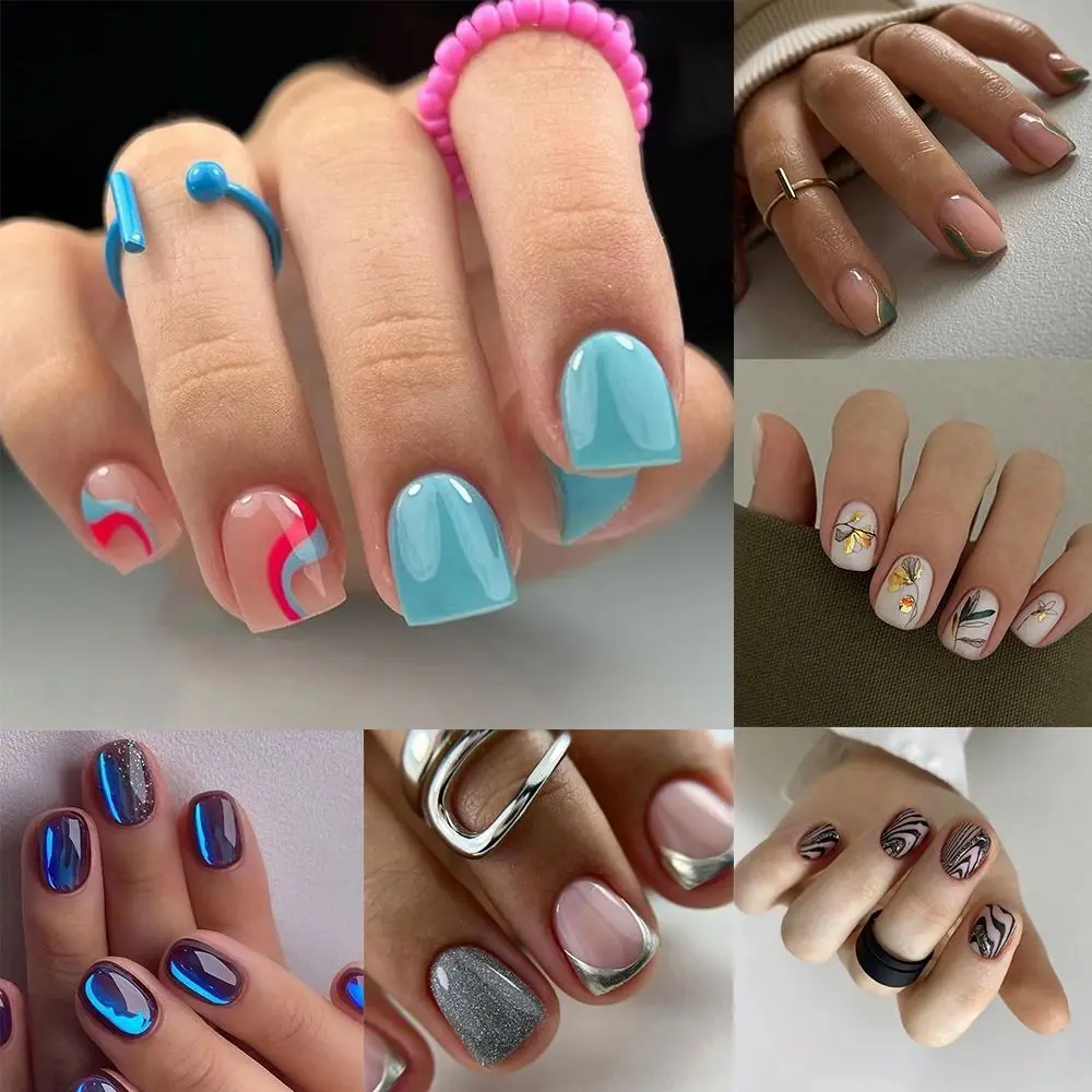 Manicure Short Round False Nails Aurora Glitter French Wavy Fake Nails Full Cover Detachable Nail Tips for DIY