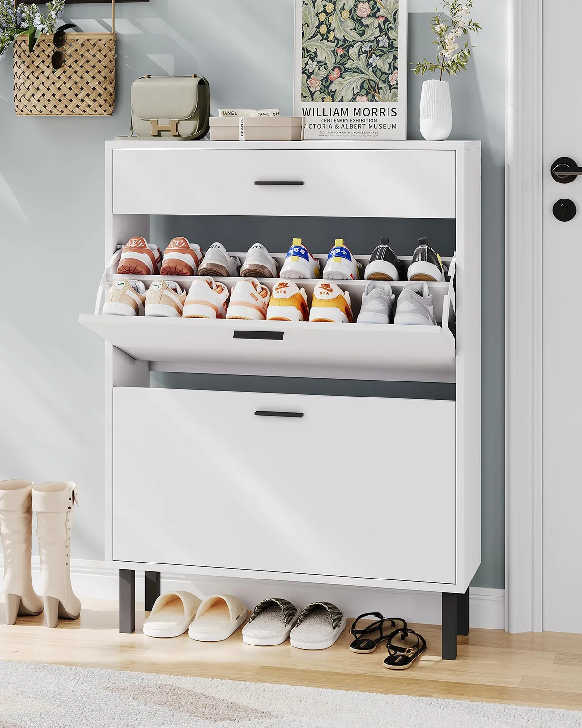Meuble à chaussures étroit autoportant – Organiseur en bois à 3 tiroirs avec étagères réglables – Étagère peu encombrante pour entrée, couloir, véranda – Idéal pour pantoufles, baskets, talons, bottes