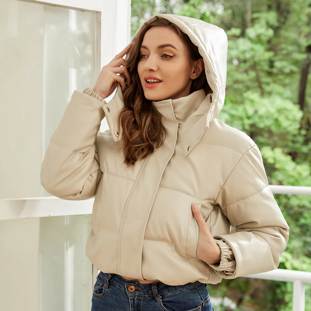 2024 Dames Winter Vintage Faux Lederen Losse Capuchon Zakken Katoenen Jassen Mode Warme Dikke Pu Parka \'S Dames Bovenkleding Tops