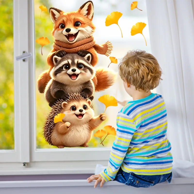 Cute Stacked Animals Static Window Clings Healing Fox Raccoon Hedgehog Static Stickers Bedroom Decorative Window Decals
