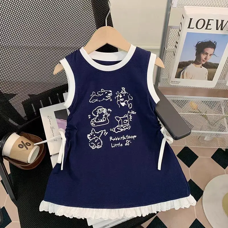 2026 Summer puff sleeve student kid baby party dog bunny princess Girls white casual Teenager dress Peter pan 4 8 10 12 14 Years