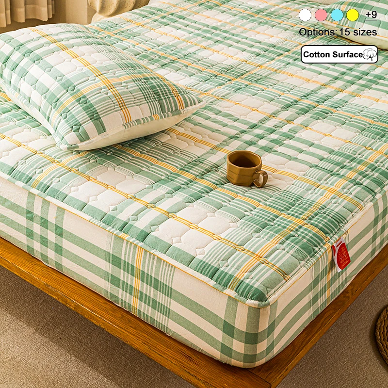 100% Washed Cotton Yarn‑Dyed Mattress Protector, Quilted Fitted Mattress Cover, Soft Breathable Plaid Mattress Pad,Skin‑Friendly