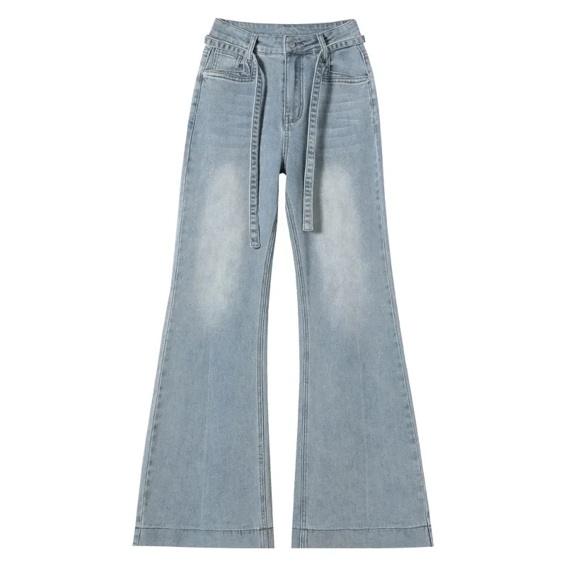 Street Fashion Glacier Blue Wide-leg Jeans for Women. Spring Fall High-waisted Loose Design Sense of Denim Flare Pants with Belt