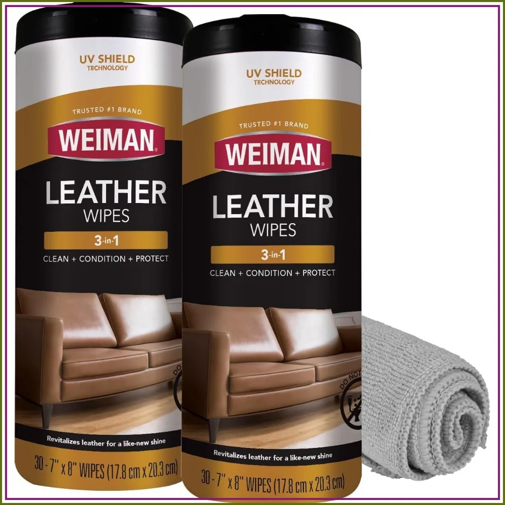 Leather Cleaner & Conditioner Wipes - Cleans, Restores & Protects, UV Protection for Car Seats, Sofas, Shoes, Bags, 2 Pack, 60 Wipes
