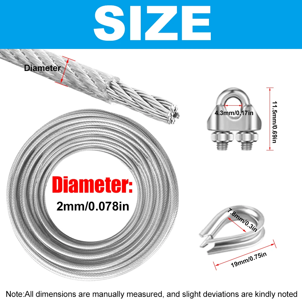 2mm Stainless Steel Wire Rope Kit with PVC Coating Chicken Heart Ring U-shape Cable Clamp for Clothesline Outdoor Hanging Kit