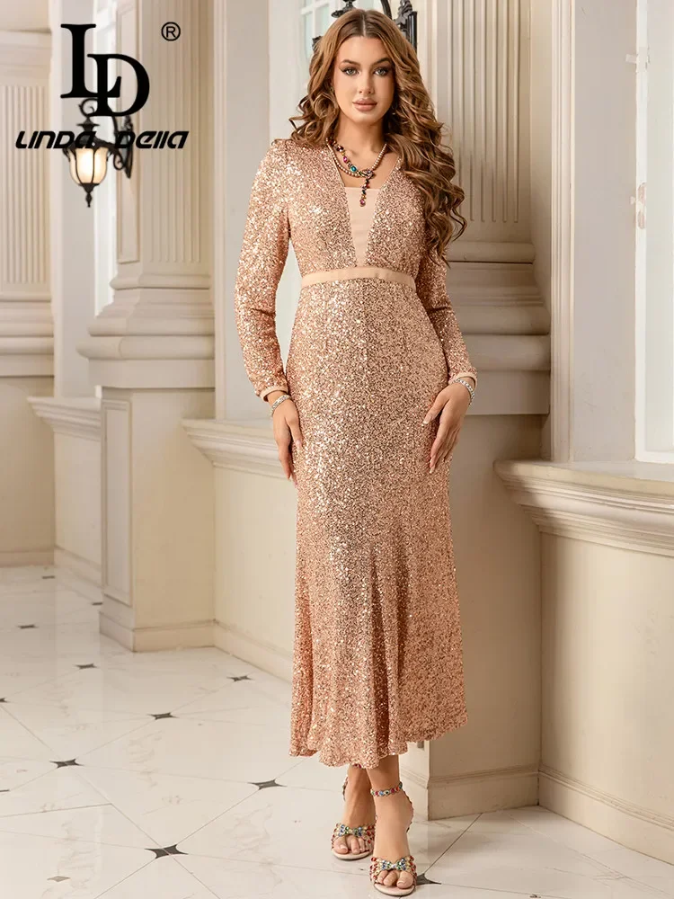 

LD LINDA DELLA Gorgeous Mermaid Dress 2025 New V-neck Full Body Glitter Slimming Sexy Evening Party Long Sleeve Dress