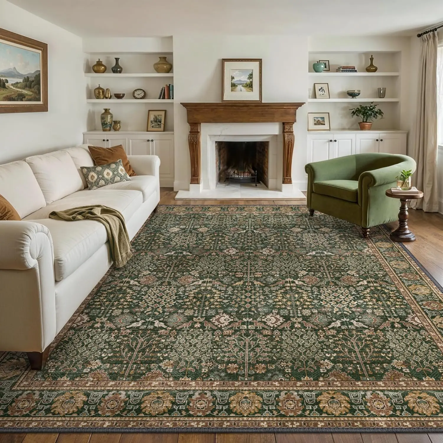 

Vintage Floral Washable Rug 8x10, Low Pile Non-Slip Area Carpet for Living Room Bedroom Office, Dark Green/Multi