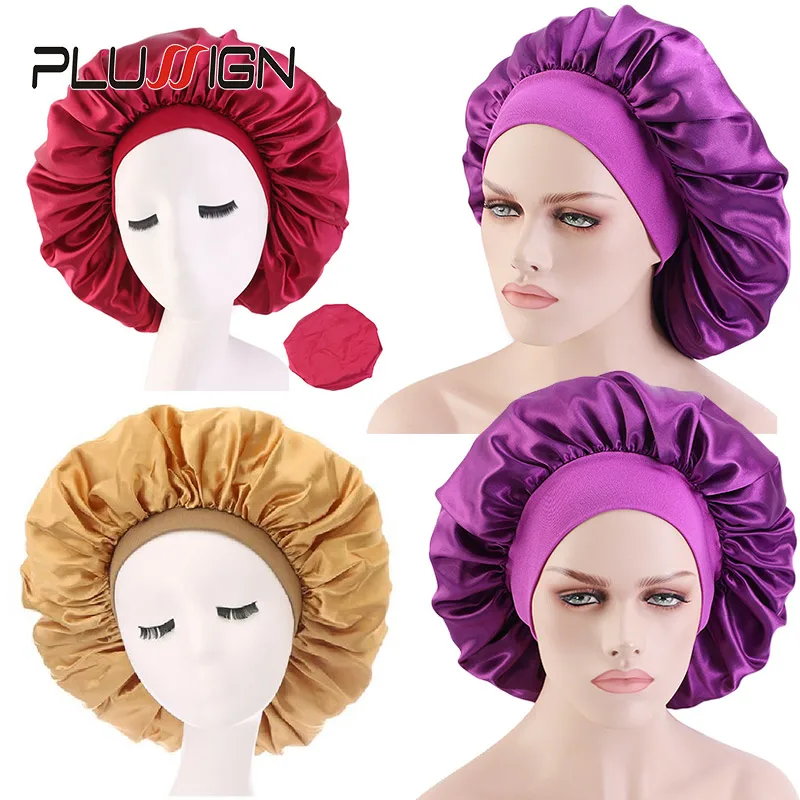 Plussign 2Pcs Satin Bonnet For Curly Hair Sleeping Silk Bonnet Hair With Wide Elastic Bands Black Red Pink Wig Cap For Long Hair