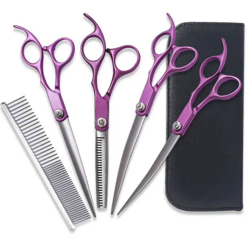 7.0-Inch Colored Teeth 4-Pack Pet Grooming Scissors Straight Scissors Set Blade Protection Scissors