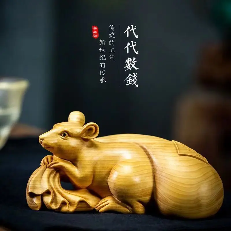 Hand Carved Wood mouse rat money bag Statue Figurine Desktop Ornaments Home Decoration