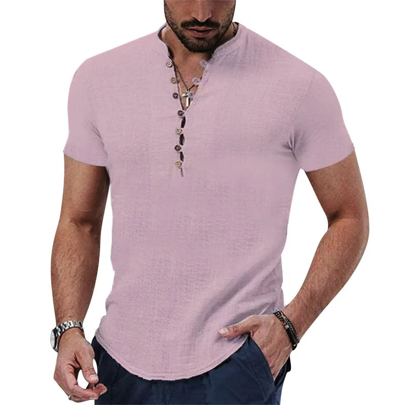 

New Men's Short Sleeve Tshirt V neck button Cotton Linen Shirt Men's Casual Clothes Popular Tops for Men