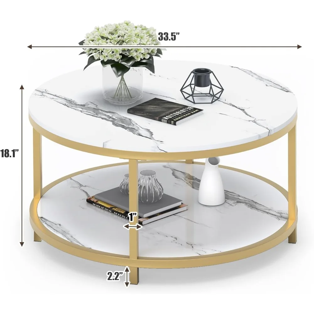 Table Basse Ronde en Faux Marbre Brcorporelle de 33.5 Pouces, Table Circulaire Robuste, Pieds de Cadre localité, Table de Cocktail