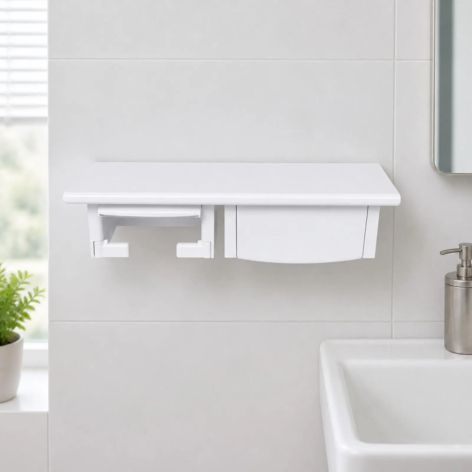 Wall-Mounted Storage Shelf Multifunctional White Painted Wood Restroom Shelf with Tissue Roll Holder Space-Saving for Small