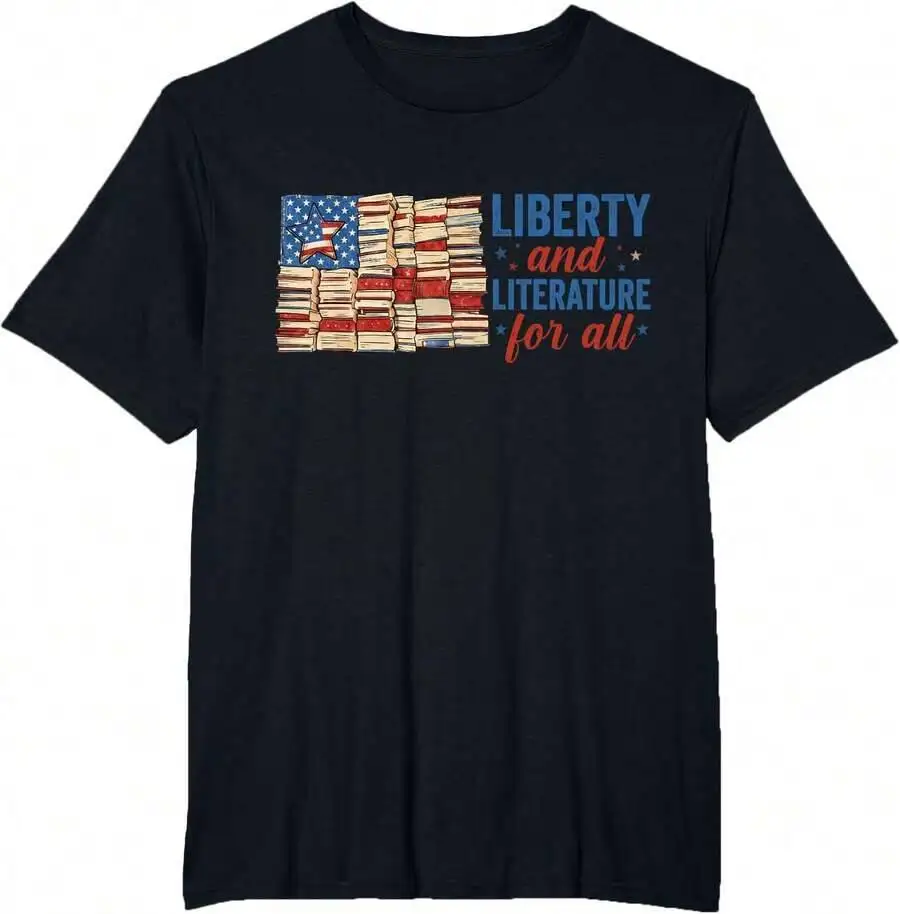 Liberty And Literature USA Flag Patriotic Library Book Lover T-Shirt 100% Cotton Trendy Y2K Short-Sleeve Tee – Soft,