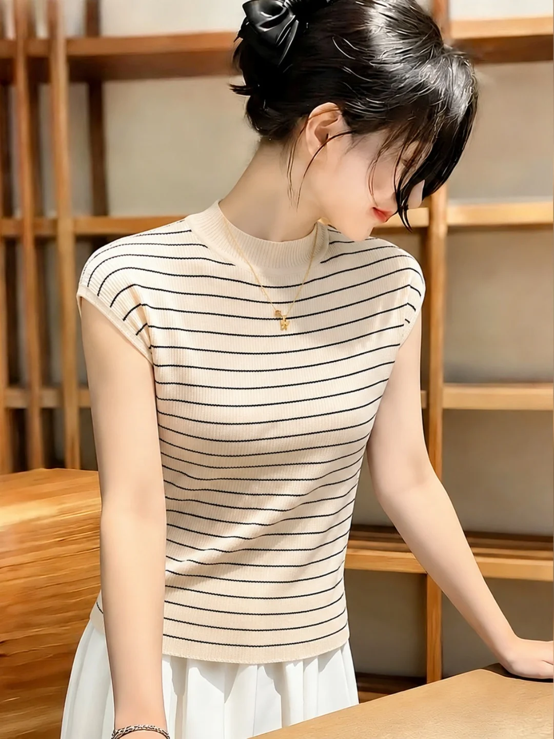 

Elegant Stripe Ice Silk Knitted Top Half High Collar Slim Fit Short Sleeve Versatile High End Feeling Women's Summer Fashion
