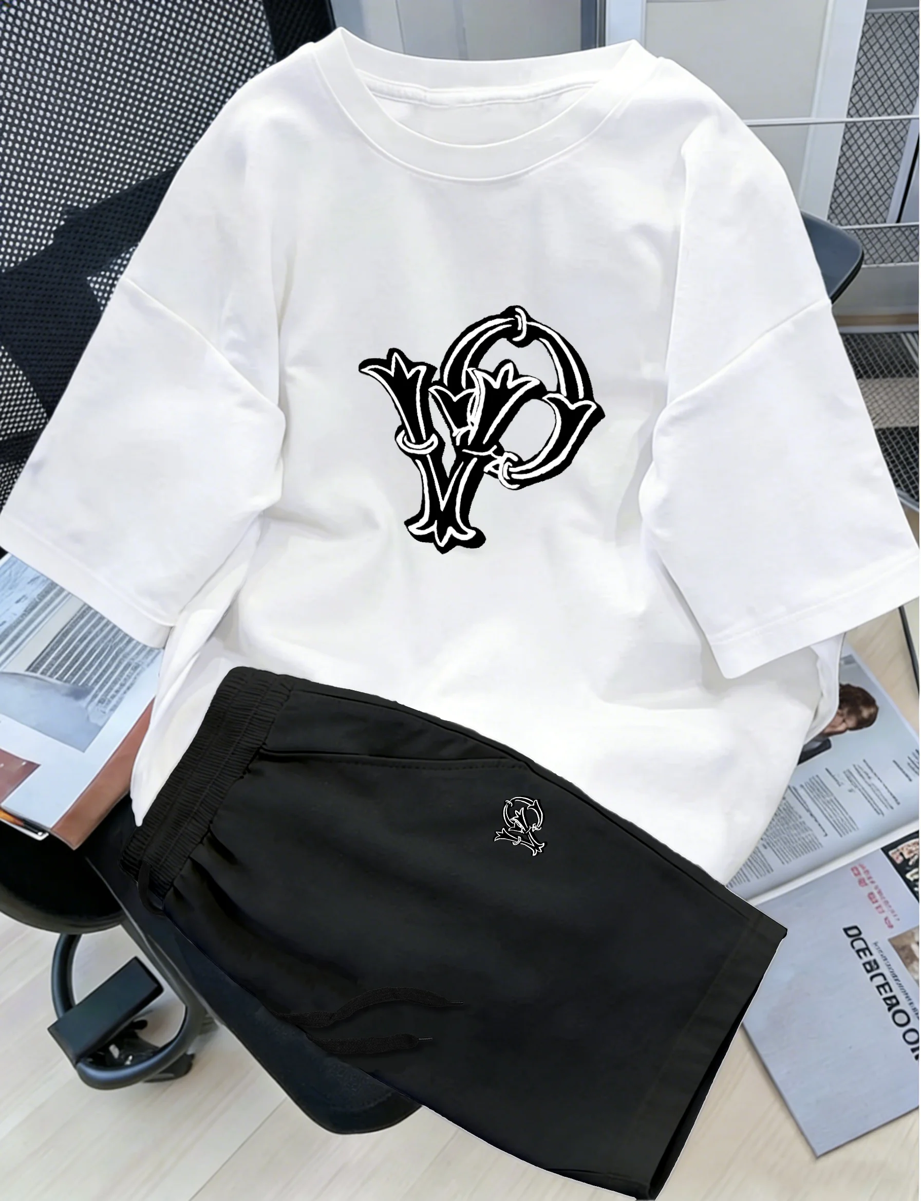 

Men's Casual Fashion Tracksuit, Black Gothic Monogram with Outline Detail Print Tee & Elastic Waist Shorts