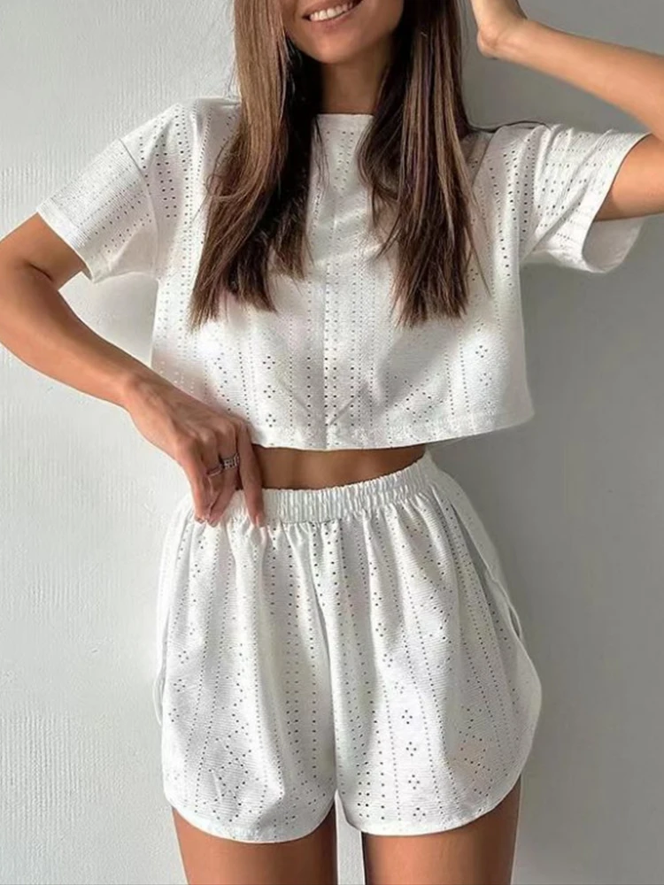 

Solid Crop Top and Shorts Set for Women, Loose Outfit, Casual Suit, Summer Clothing, 2-Piece Set Clothing, 2024