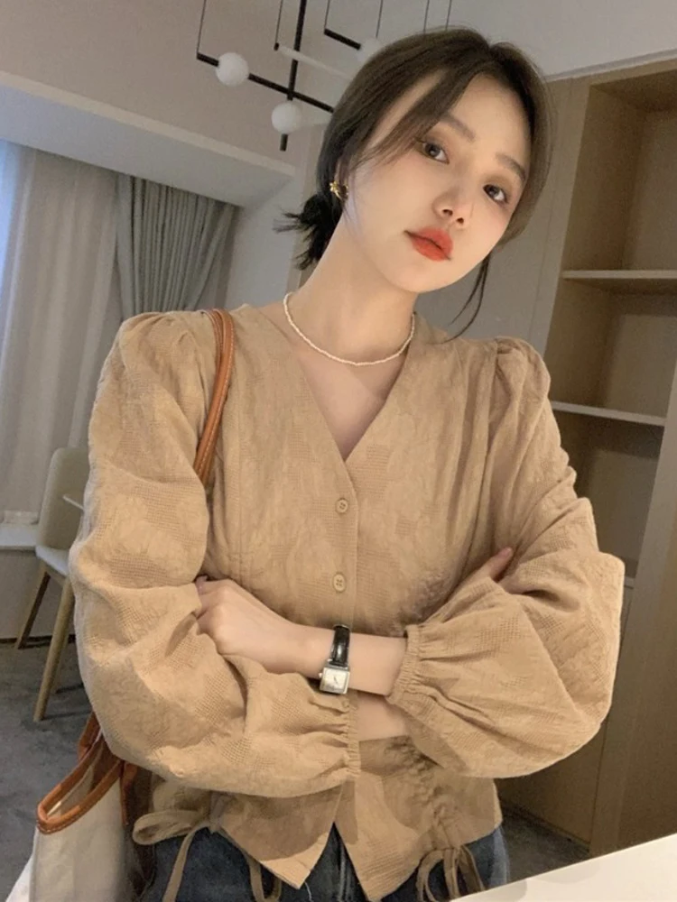 Spring Autumn Loose Women Shirt Fashion V-Neck Drawstring Single Breasted Long Sleeve Tops Solid Color Simple Versatile Blouse