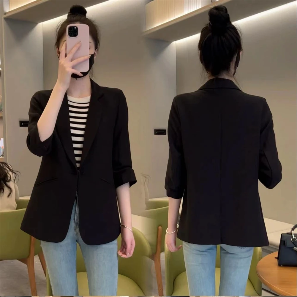 Women Fashion Suit Coat Spring Summer Temperament Elegant Blazers Lady Solid Color Outwear Single-button Chic Tops Jacket Femme