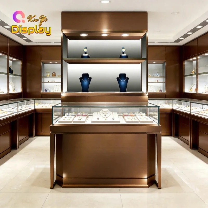 custom.Luxury Stainless Steel Jewelry Kiosk With LED Lighting Eco-Friendly & Durable Design Retail Stores