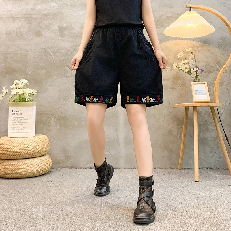 Plus size Commute Summer Thin Cotton Elastic Pants Women\'s Solid Spliced Pockets Epaulet Loose Straight Casual High Waist Shorts