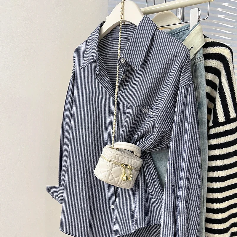 

Свободные женские блузки в стиле ретро, модные универсальные полосатые рубашки с короткими рукавами, дизайнерские нишевые повседневные топы