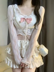 2023 Summer Kawaii Clothing Lolita 3 Piece Dress Set Women Causual Y2k Crop Tops Blouse + Corset Vest + Mini Skirts Fashion Suit