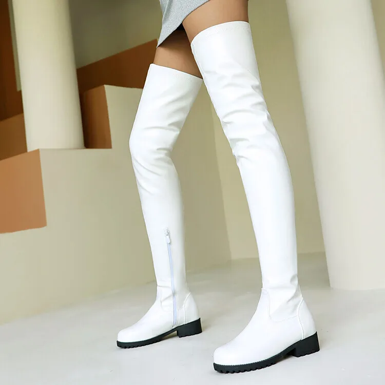 

Big Size 46 White Thigh High Boots Pu Leather Low Heel Over The Knee Boots Ladies Comfortable Shoes Women Boots