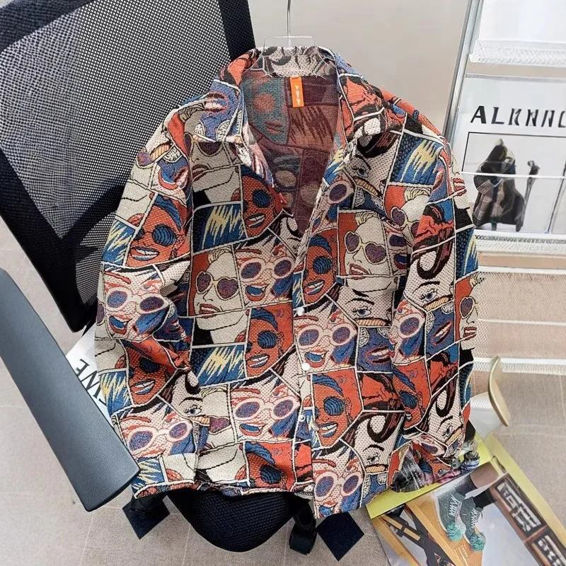 

Men's Vintage Print Shacket All-Over Figure Jacquard Utility Bomber Jacket Breathable Casual Stand Collar Spring Fall Designer