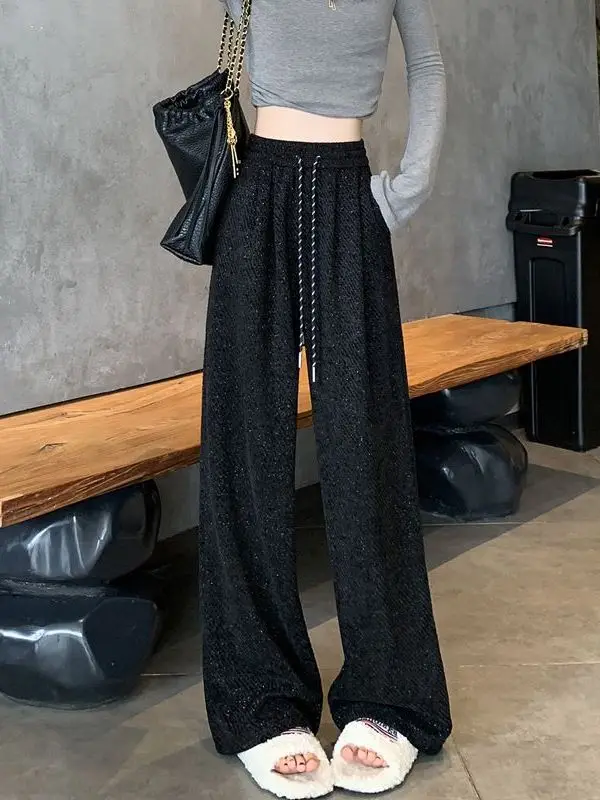 กางเกงขายาวทรงขากว้างผู้หญิง สไตล์ลำลอง สำหรับฤดูใบไม้ร่วงและฤดูหนาว รุ่นใหม่ เอวยางยืดสูง ผ้าถักโพลีเอสเตอร์ผสมสแปนเด็กซ์