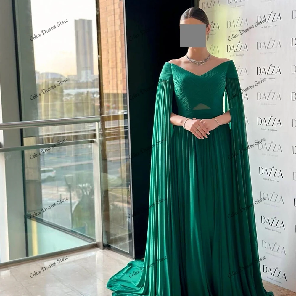 Green Watteau Train Satin Off the Shoulder abito da sera 2024 donna lunghezza del pavimento abiti per occasioni speciali pieghe abiti da ballo