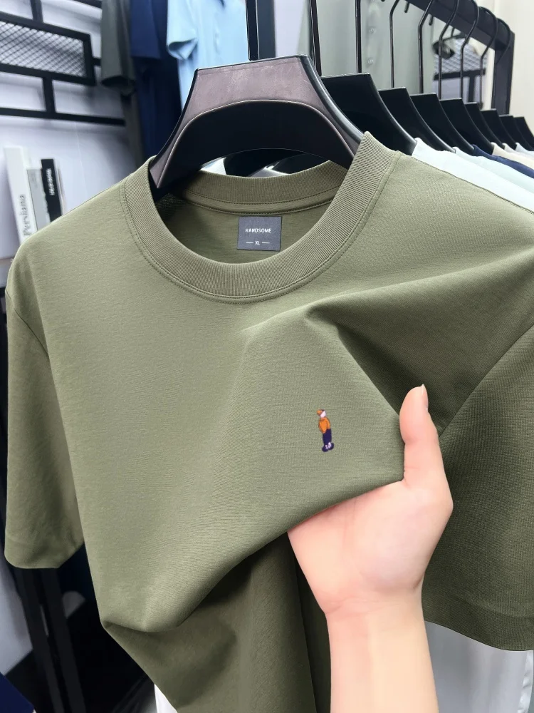 High quality ice silk cotton men's short sleeve T-shirt summer breathable fashion luxury brand cartoon embroidery round neck top