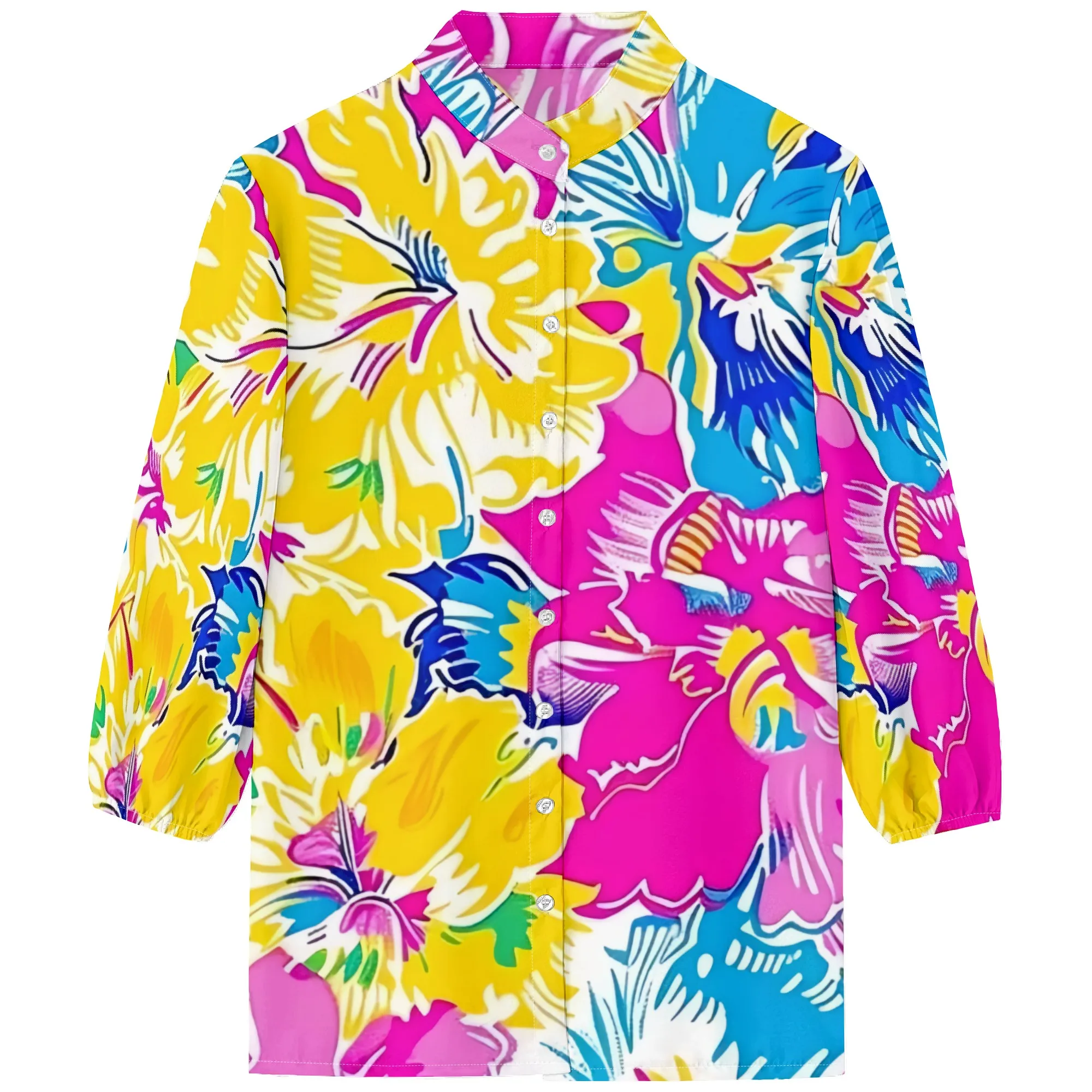 ผู้หญิงธุรกิจสบายๆนีออนดอกไม้พิมพ์เสื้อฤดูร้อน 3/4 แขนเสื้อปุ่มลงเสื้อดอกไม้ V คอเสื้อ