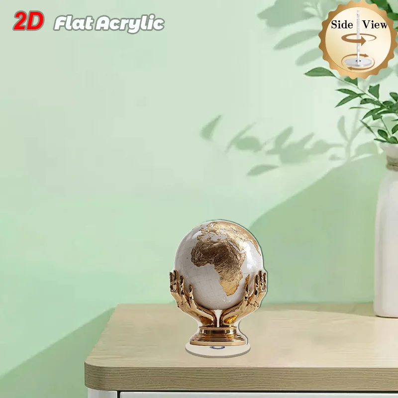 2D Flat Rotating Acrylic Globe Desktop Globe with Handle and Base - Rotating World Map Model, Suitable for Office and Decorative