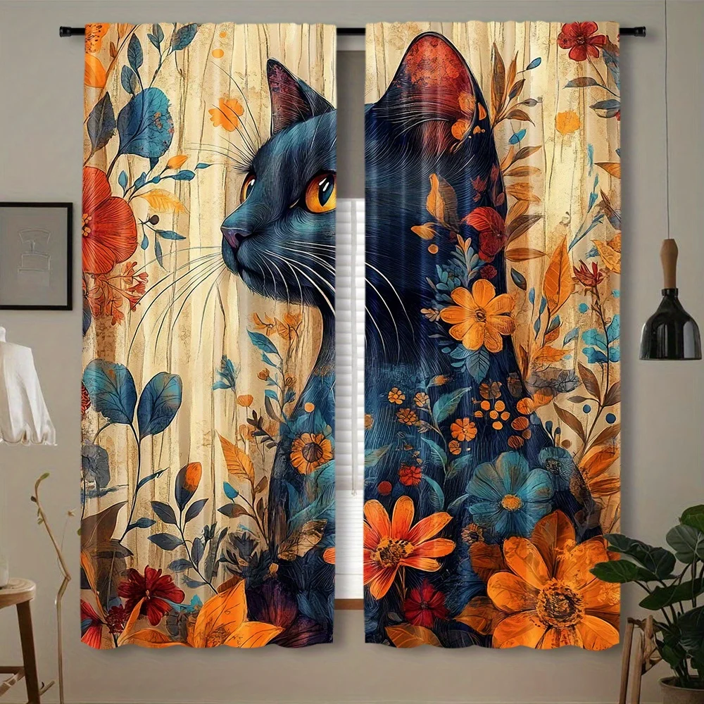 Artistic Cat Curtains, Floral Pet Portrait Print Blackout Drapes, Boho Home Decor for Living Room Bedroom Window Treatment