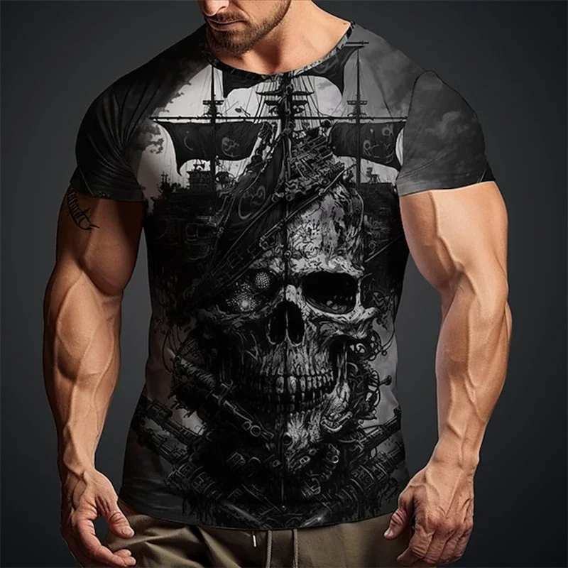 New Men\'s Retro Short Sleeve Street Y2K Style Printed Death Pattern Short Sleeve Breathable Refreshing Oversized Men\'s T-Shirt