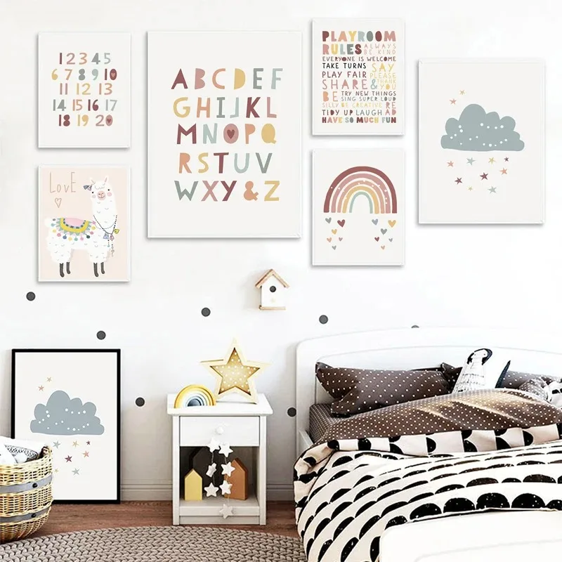 Nursery Alpaca Wall Art Posters Sun Rainbow Cloud Canvas Painting Alphabet Art Prints Nordic Wall Pictures for Kids Room Decor