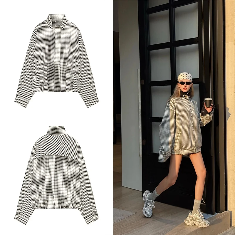Guobioziy Women's Plaid＆Striped Coat 2026 Spring-Autumn Collection Solid Color Zipper Design Casual＆Stylish Commuter Street