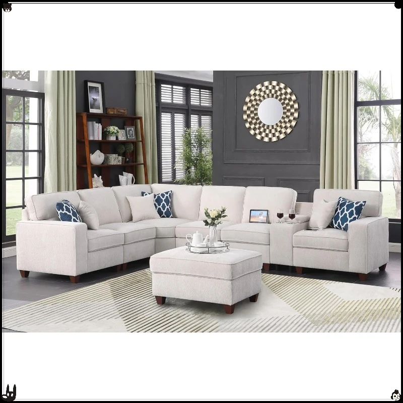 7-Seat L-Shaped Chenille Sectional Sofa with Storage & USB