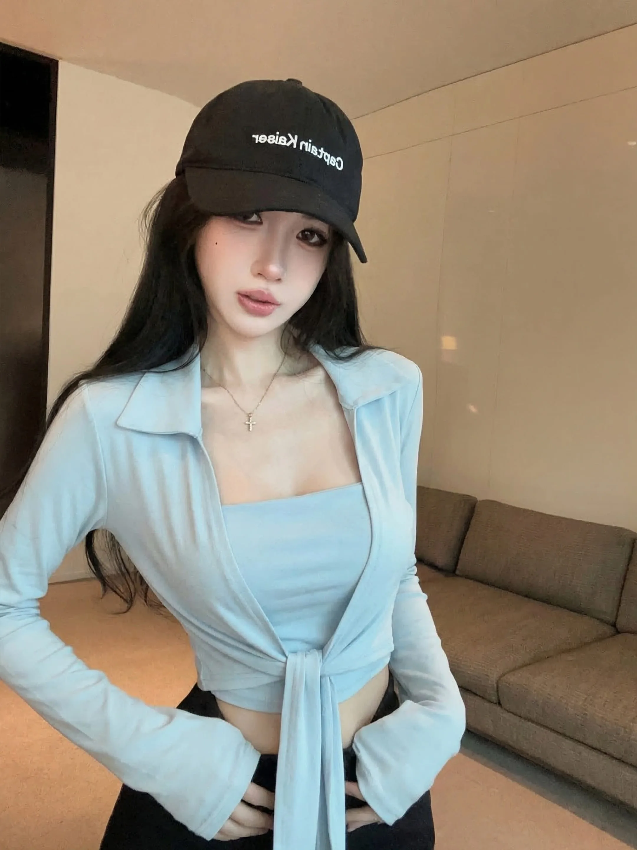 

Casual Commute Tie-Belted Long Sleeve Women's Set V-Neck Open Cardigan Strap Top Slimming Fashion Spring Summer Korean Style