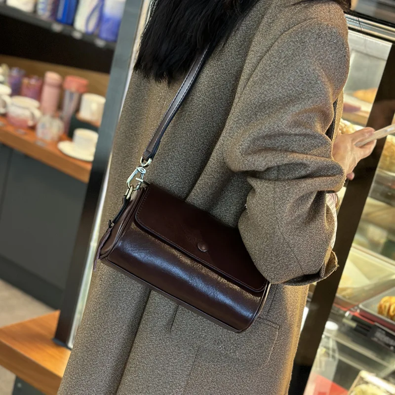 High Quality Cylindrical Bag Cow Leather Bag for Women 2023 New Shoulder Bag Ladiy Genuine Leather Casual Designer Crossbody Bag