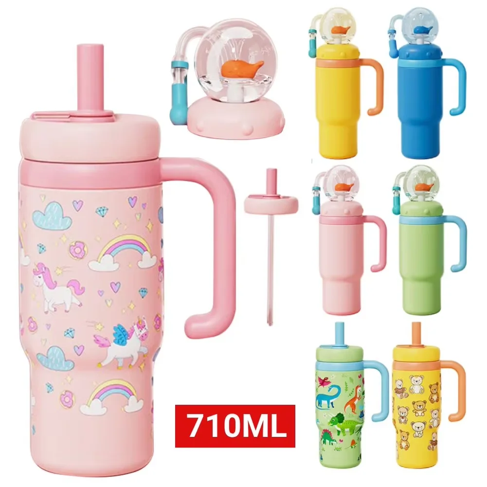 24OZ/710ML Edelstahl Wal Brunnen Becher mit Griff Cartoon Trinkbecher Auslaufsicher Wal Spritzen Wasser Tasse mit Stroh