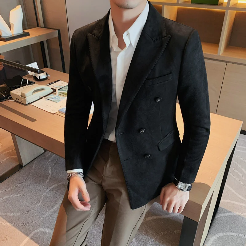 2024 Spring Korean Fit Solid Color Two Grain Double breasted Suit Brand Clothing Men\'s Suede Fabric Fit Fashion  Suit Jacket